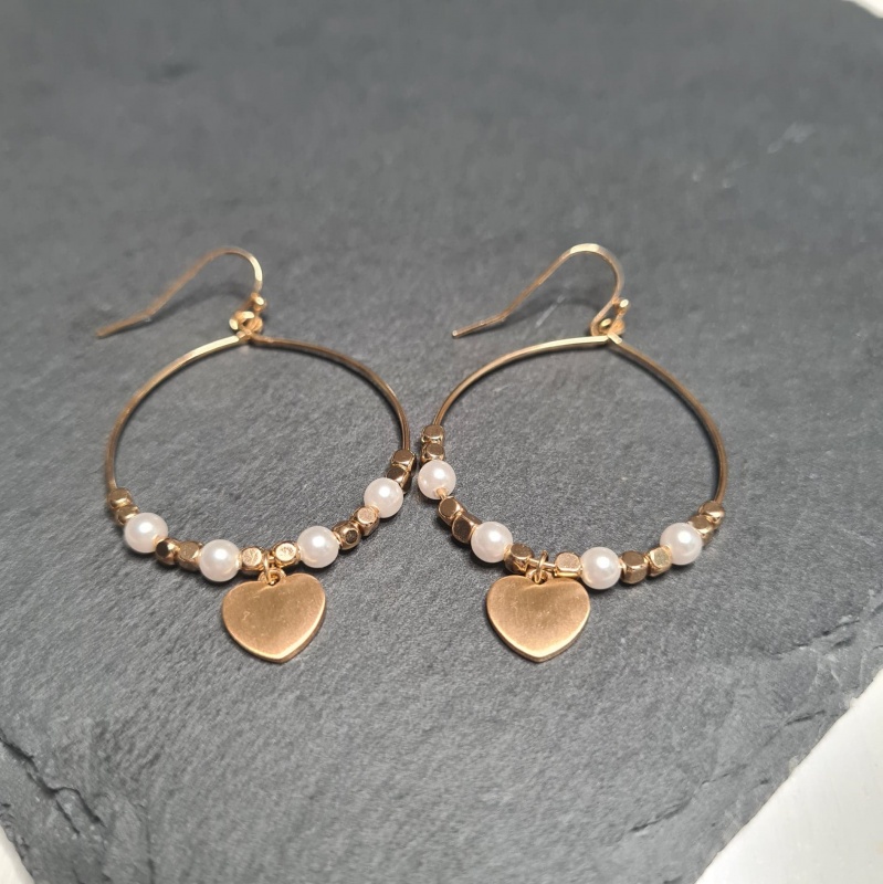 Pearl & Heart Hoop Earrings - Gold